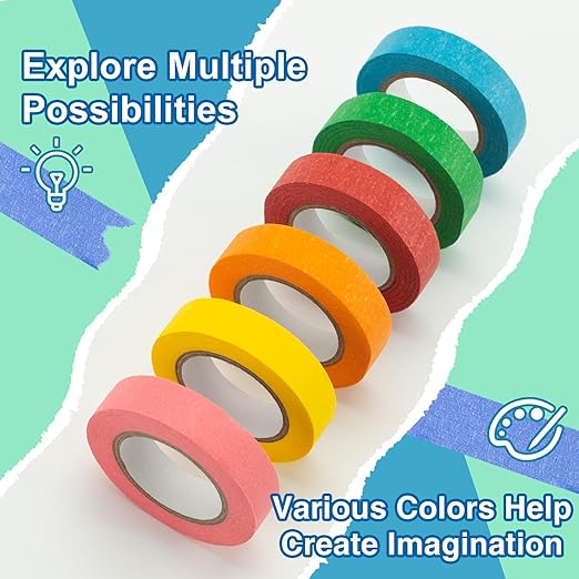 Made of high-quality textured paper, environmentally friendly, odorless, waterproof, and easy to tear,   6 Rolls Rainbow Colors for Bullet Journals, Party Decorations,