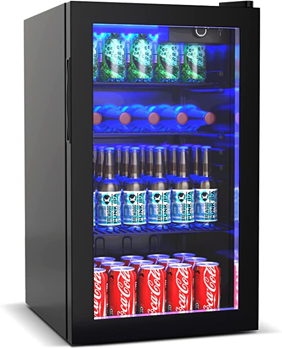 120 Can Mini Fridge with Glass Door, Removable Shelves for Soda Beer Wine