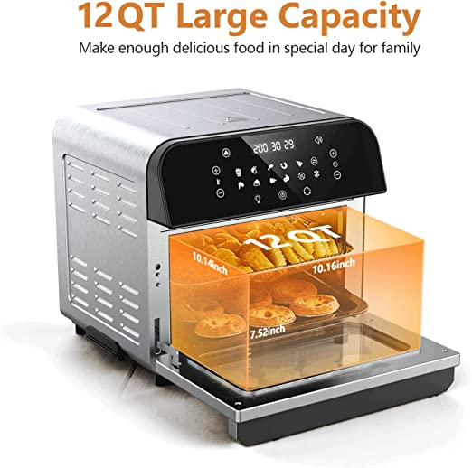 Whall Air Fryer,12 In-1 12QT Air Fryer Toaster Oven for Rotisserie, Roast, Bake and Dehydrate, Stainless Steel AirFryer with 12 Cooking & 5 Security Presets, Digital Touchscreen, Accessories & Recipes