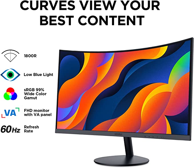 24-Inch Curved Computer Monitor- Full HD 1080P 60Hz Gaming Monitor 1800R LED Monitor HDMI VGA, Tilt Adjustment, Eye Care, Black 24N5C