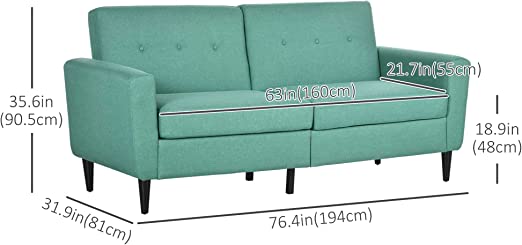 Mid-Century Sofa, Couch with Button-Tufted Back Cushion, Velvet Feel Fabric Upholstery, 2 Cylindrical Pillows and Rubber Wood Legs, Dark