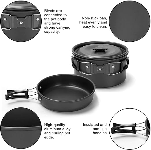 [Safe Material&Anti-Burn Protection]: This camping cookware made of non-toxic anodized aluminum and stainless steel,  Camping Cookware Set, Lightweight