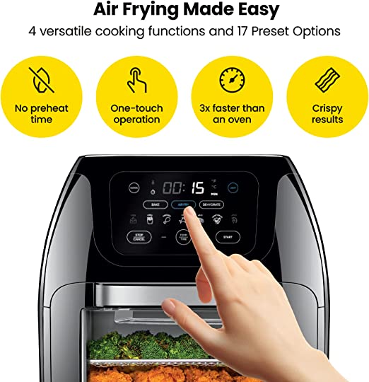 Chefman Multifunctional Digital Air Fryer+ Rotisserie, Dehydrator, Convection Oven, 17 Touch Screen Presets Fry, Roast, Dehydrate & Bake, Auto Shutoff, Accessories Included, XL 10L Family Size, Black