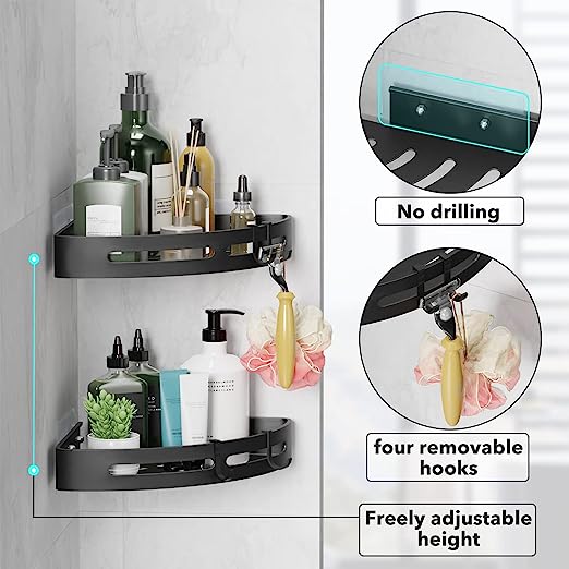 shower caddies come with 4pcs powerful NANO Self-Adhesives, which requies no drilling and super easy to install