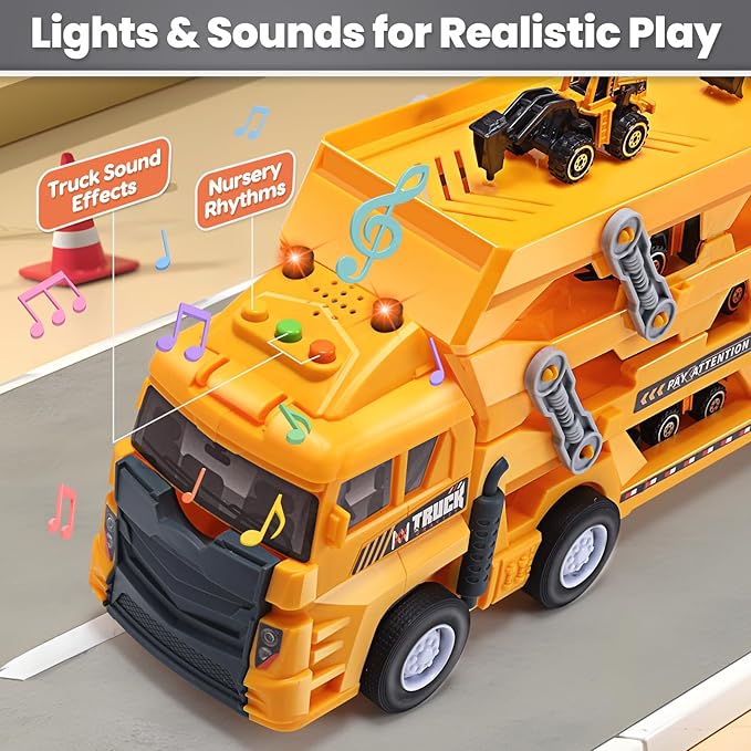 Ejection Play, Carrier Playset W/Sound& Lights, 6 Mini Alloy Engineering Trucks, Education Car Gift Toys