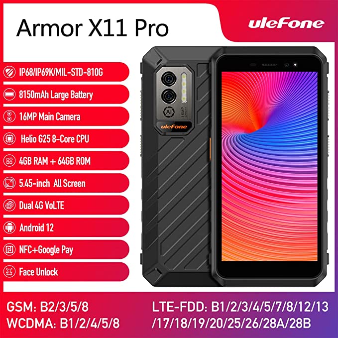 Ulefone Power Armor X11 Pro 2023 8150mAh Battery Rugged Smartphone Canada Unlocked, 4GB+64GB Android 12 Rugged Phone, 16MP Camera 5.45 inch HD+ Screen, Dual SIM 4G Cell Phone Unlocked, NFC/OTG/GPS/FM