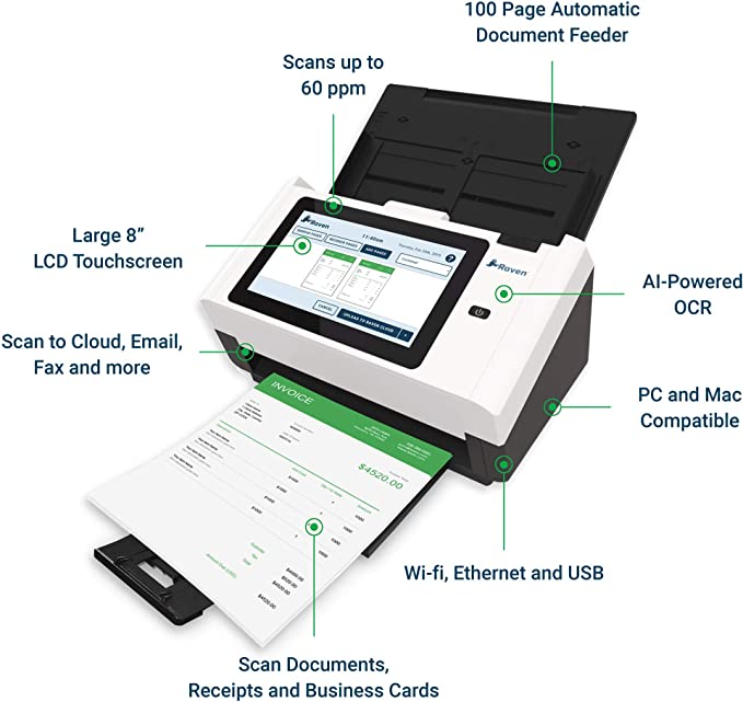 Raven Pro Document Scanner - Huge LCD Touchscreen, High Speed Color Duplex Feeder (ADF), Wireless Scan to Cloud, WiFi, Ethernet, USB, Home or Office