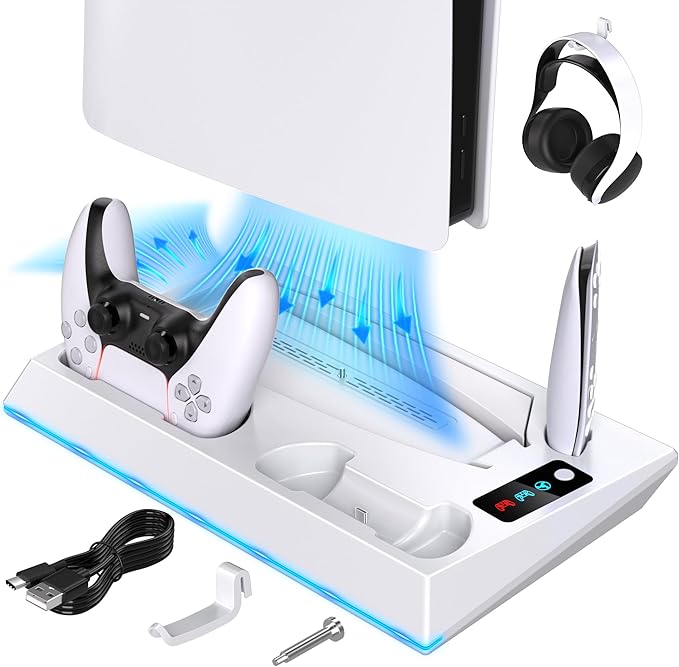 3 adjustable speed levels (low, medium, and high). PS5 Stand with PS5 Cooling Station and PS5 Charger Station for PlayStation 5 Accessories, PS5 Controller Charger Station with 3-Level Silent Cooling Fan,Media&Headset Holder,