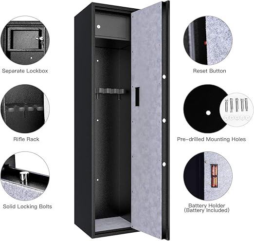 The gun safe can accommodate up to five rifles measuring up to 49 inches in length, with an internal space of 50 inches in height,  Gun Cabinet w/Removable Shelf & Lockable Top Box, Heavy Duty Long Gun Storage Safes