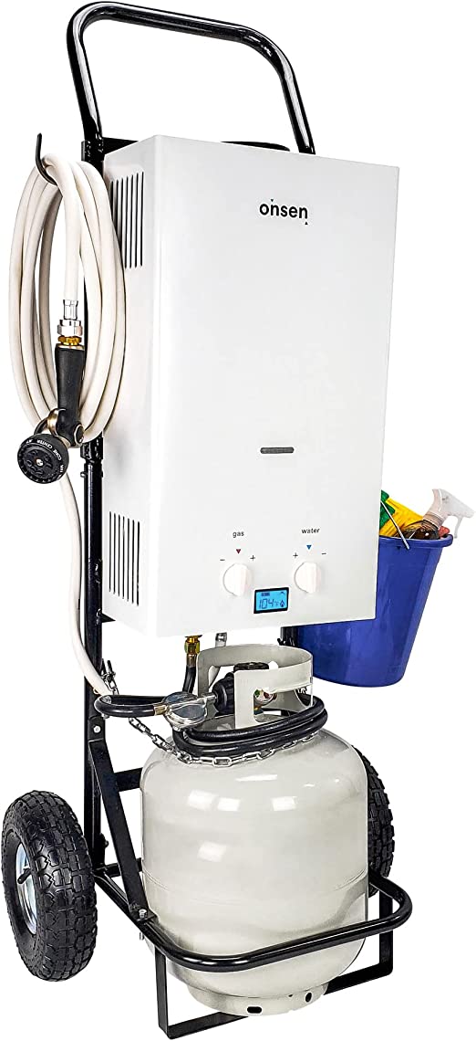 Onsen - 10L Portable Tankless Propane Water Heater w/Hand Cart - Dual Ignition - Instant Hot Water - Mobile Hot Water Washing Station - Pet Grooming - Horse Stables - Hunting Camp - Camping
