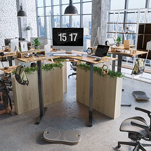 Home Office Sit Stand Desk with Rustic Brown Top and Black Frame