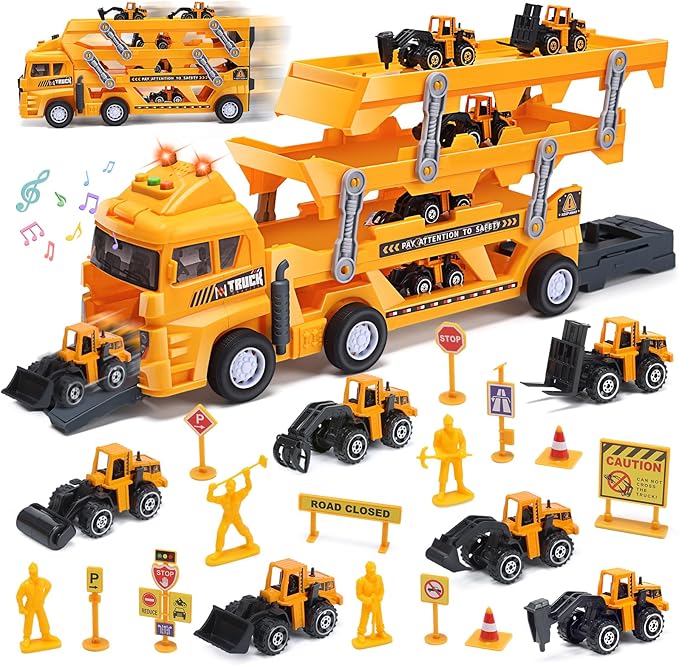 Ejection Play, Carrier Playset W/Sound& Lights, 6 Mini Alloy Engineering Trucks, Education Car Gift Toys