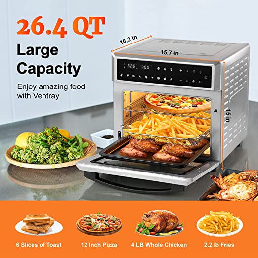 VENTRAY Convection Oven Air Fryer Toaster Oven 1700W 26QT Digital Control Stainless Steel Electric Ovens with Bake Pan, Broil Rack, Fry Basket & Recipe Book Included, 12 Cooking Presets