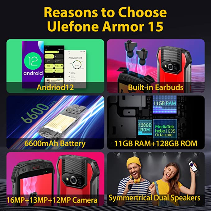 Rugged Smartphone, Ulefone Armor 15 Rugged Phone, 11GB+128GB, Built in TWS Earbuds, 12MP+13MP+16MP, 6600mAh Large Battery, IP68/IP69K Waterproof Phone, OTG, GPS, NFC, Black