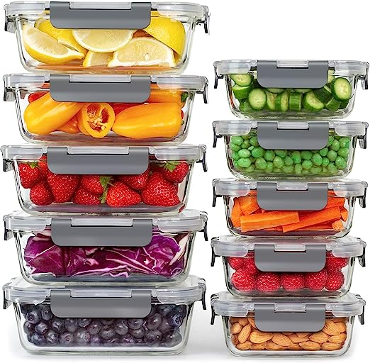 10 Pack Glass Container Food Storage, Glass Meal Prep Containers with Lids, Airtight Glass Bento Boxes with Leak Proof Locking Lids, for Microwave, Oven, Freezer and Dishwasher