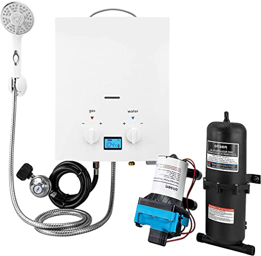Pump & Accumulator Tank - Dual Ignition - Instant Hot Water - Outdoor Use Only - with LED Screen, Premium Shower Head, & 12-Volt Alligator Clips