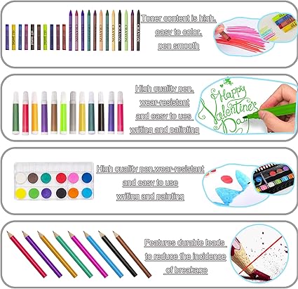 The Art Kit is absolutely amazing and comes fully loaded with 30pc crayon, 12pc watercolor pens/Markers, 20pc paper clip,Art Set for Kids, Coloring Art Kit, Wooden Drawing Art Supplies Case, Markers Crayon Colour Pencils for Budding Artists
