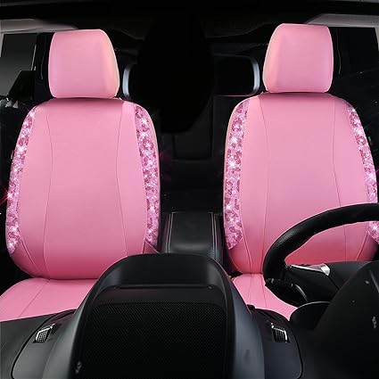 Fit most seats with built-in or adjustable headrests. Can be installed with the detachable headrest.Crystal Sparkle Strips Diamond Car Seat Covers, Faux Leather Pink Bling Shining Rhinestones 2 Front