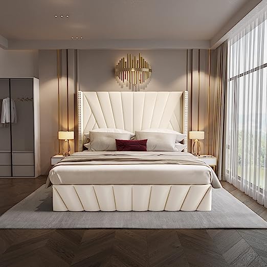 Upholstered Tufted Storage Bed, Foam Filled Fabric, Low Profile Platform, Metal Bed Frame with High Headboard