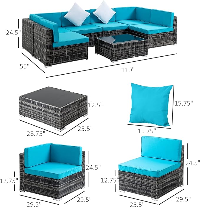 Patio Glass Tabletop, Cushions and Pillows for Garden, Lawn, Deck, Mixed Grey and Sky Blue
