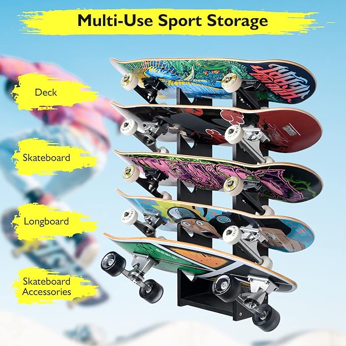 skateboard shelf wall mount has an exquisite appearance and a sturdy structure that will last for many many years, Holds 5 Pairs, Longboard Wall Display Pine Tool Rack