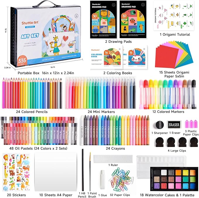 Piece Kids Art Set, Multi-Media Art Supplies, Gift Art Kit with Trifold Easel, 2 Drawing Pads, 2 Coloring Books, Oil Pastels, Crayons, Watercolors