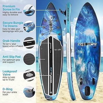 Outfitted with triple bottom panel fins, steering & handling the stand up inflatable paddle boards is incredibly easy.Non-Slip Deck for All Skill Levels, Durable Paddle, Includes Storage Bag