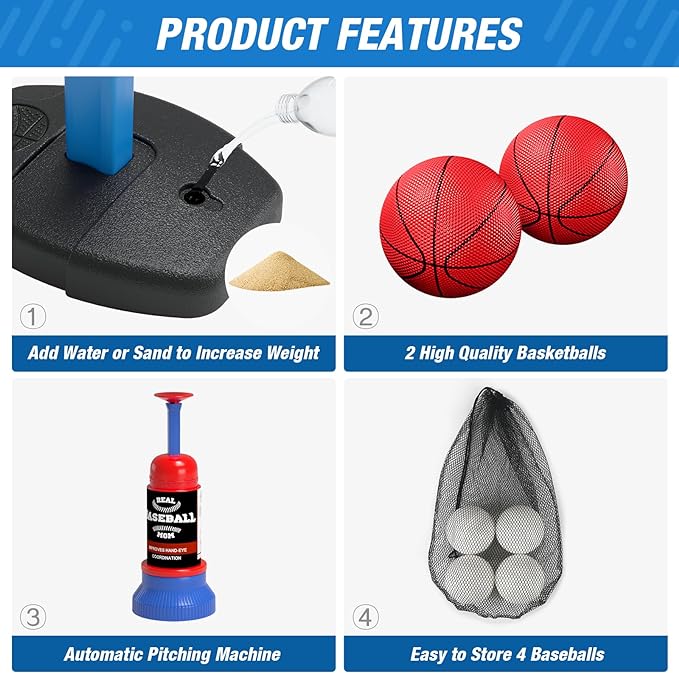 Basketball Hoop and T Ball Set - Adjustable Height, Kids Baseball Tee with Automatic Pitching Machine, basketballs for multi-player games. Kids baseball tee stand: with stretchable bat and 4 baseballs.