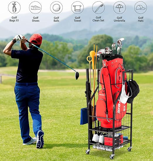 Rack constructed from tough and high quality steel to last for years to come, The surface of the rack is baking paint, Golf Bag Stand Fit for Golf Bags and Golf Clubs, Golf Balls, Golf Equipment