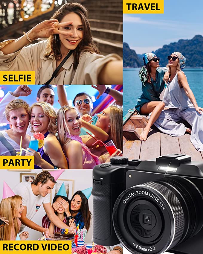 Digital Camera 4K Video Camera Compact Camera 48MP YouTube Camera Rechargeable 8X Digital Zoom Beginner Pocket Camera Black