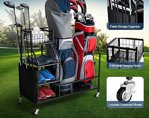 3 storage shelves for other golfing equipment, like shoes and towels. Golf Bag Organizer with Lockable Universal Wheels, Golf Bag Storage Stand & Golf Clubs & Other Golfing Equipment Rack,