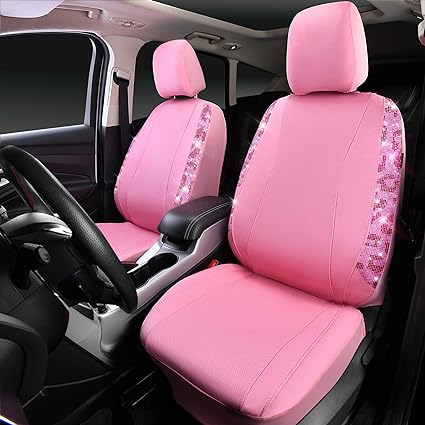 Fit most seats with built-in or adjustable headrests. Can be installed with the detachable headrest.Crystal Sparkle Strips Diamond Car Seat Covers, Faux Leather Pink Bling Shining Rhinestones 2 Front