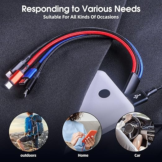 Multi USB cable with creative four in one design, Nylon Braided Multiple USB Charging Cable Fast Phone Charger Cord Multi USB Cable with Dual IP/Type C/Micro USB Port for Most Phones/Tablet