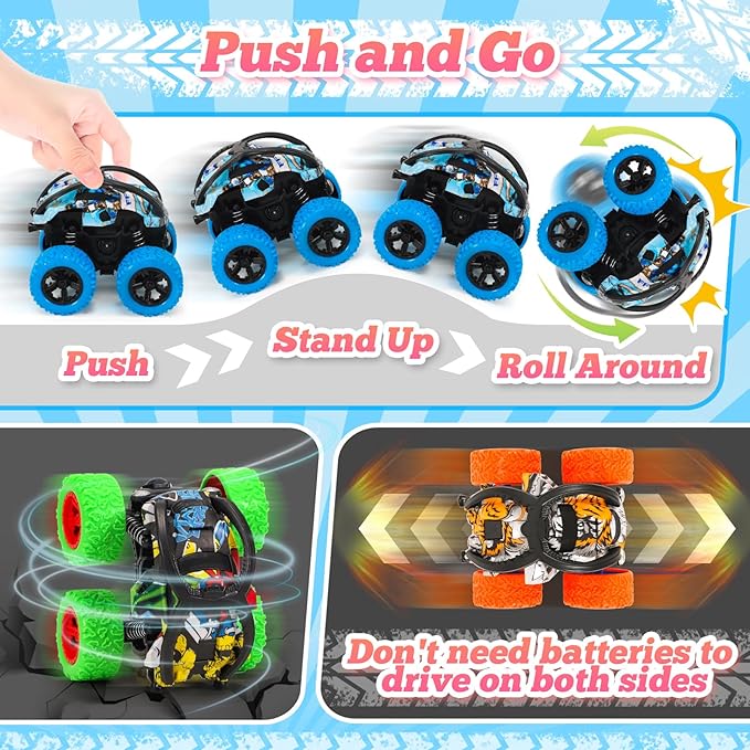 4 Pcs Pull Back Race Cars Flip Stunt Car Vehicles, Push Friction Powered Toy Cars Boys Party Favors