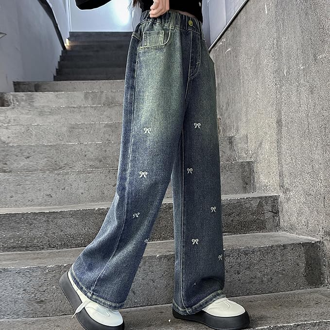 girls jeans are soft provides breathable comfort for year-round wear, Leg Baggy Pants