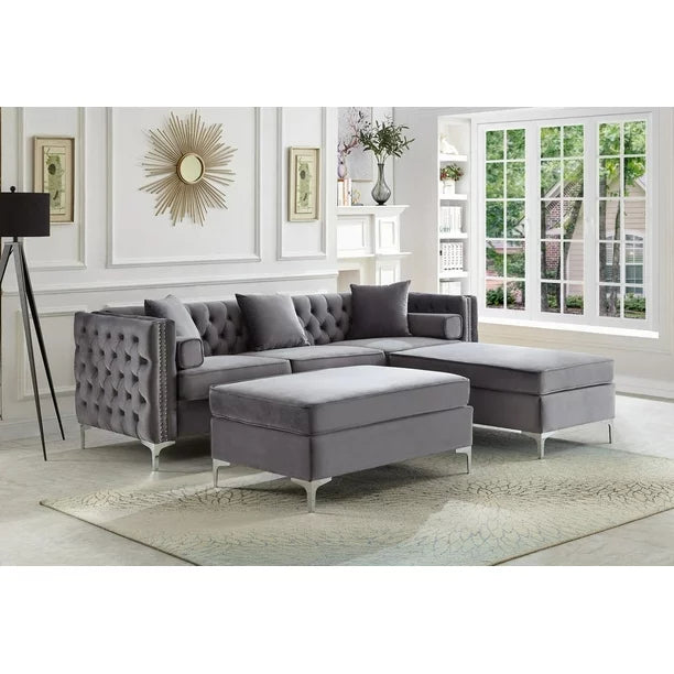 Velvet Reversible Sofa Sectional W Ottoman