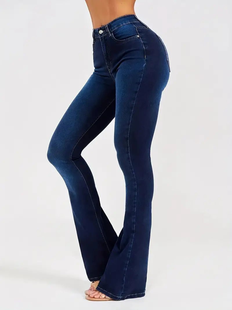 Women's Juniors Bell Bottom High Waist Fitted Denim Jeans Stretchy High