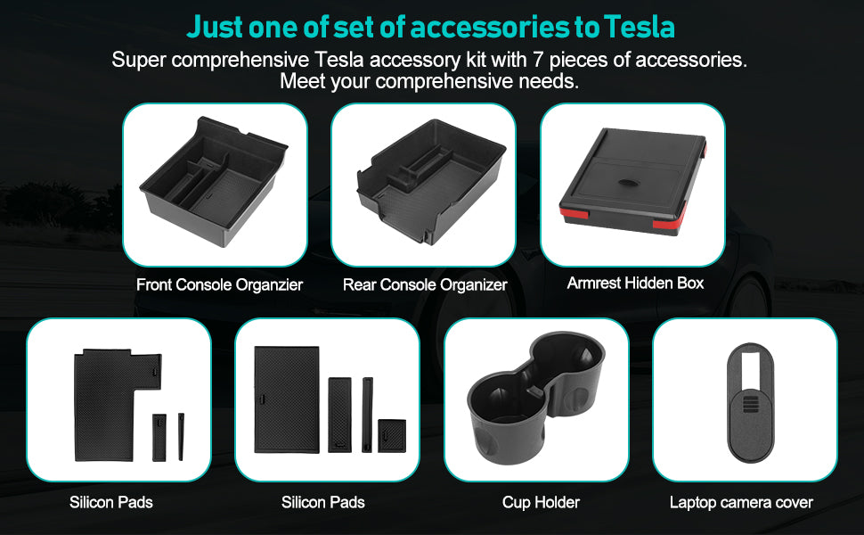 Accessories- Armrest Storage Tray and Hidden Storage Box, Cup Holder, Webcam Cover Tesla Center 7 Pcs