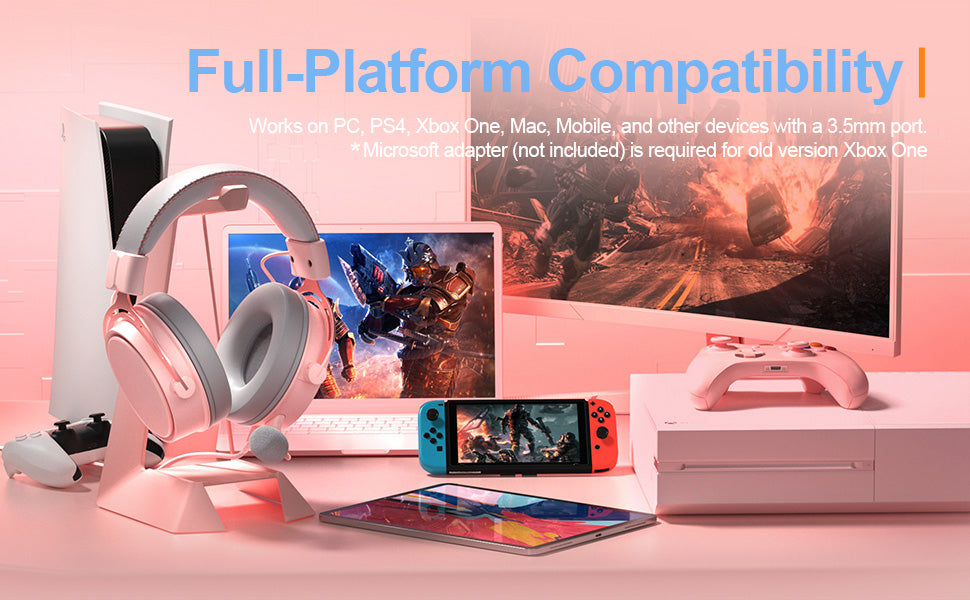 Pink Headphones with Mic, Surround Sound Wired Gamer Headsets