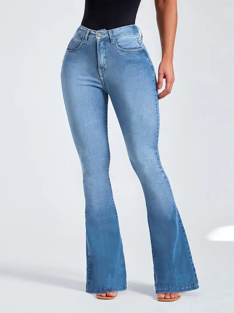 Women's Juniors Bell Bottom High Waist Fitted Denim Jeans Stretchy High