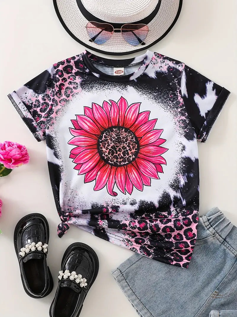 Cute Flower Short Sleeve Tee Tops Teen Girls Casual T Shirt