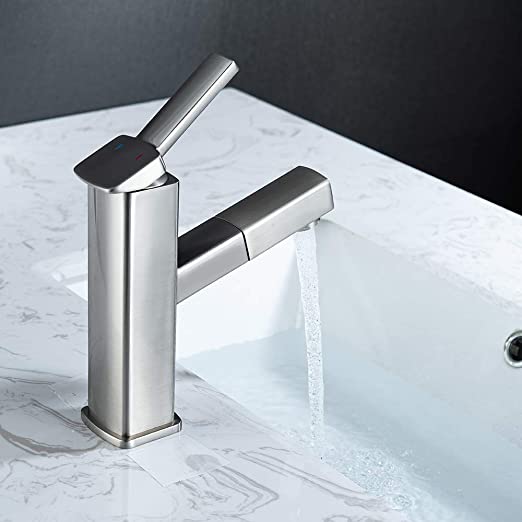 Single Hole Bathroom Faucet, Fountain Bathroom Faucets with Sprayer, Single Handle Pull Out Bathroom Sink Faucet with 3 Water Flow Modes (Chrome, Regular)