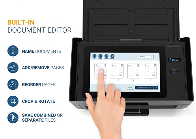 Raven Pro Document Scanner - Huge LCD Touchscreen, High Speed Color Duplex Feeder (ADF), Wireless Scan to Cloud, WiFi, Ethernet, USB, Home or Office