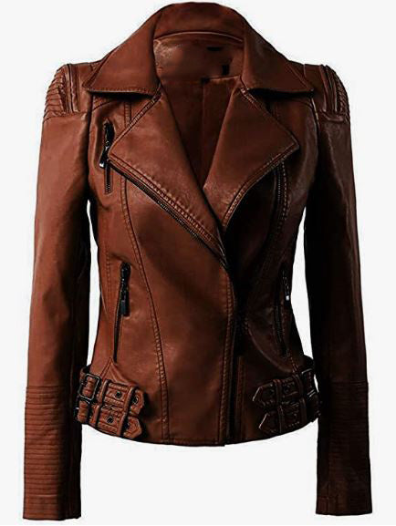 WONEN Leather Zip Up Moto Biker Jacket 100%REAL