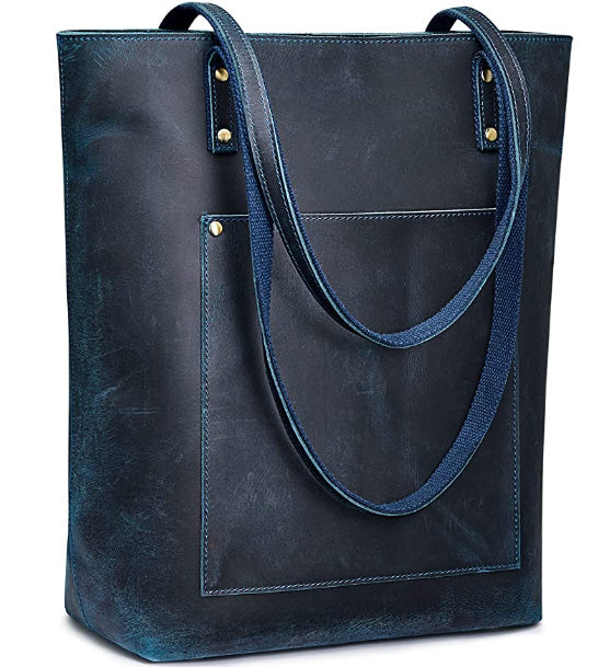 Women Vintage Genuine Leather Tote Bag Large Shoulder Purse Work Handbag, Dark Blue, Large