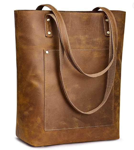 Women Vintage Genuine Leather Tote Bag Large Shoulder Purse Work Handbag, Dark Blue, Large