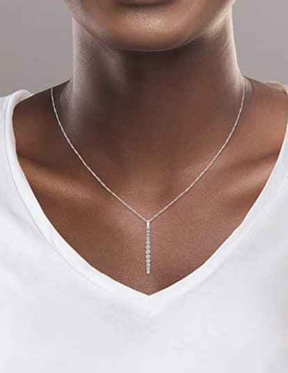 Vertical Bar Necklace Bezel Set Diamonds Journey Pendant in 925 Sterling Silver 0.13ct (I-J, I3), 18 inch