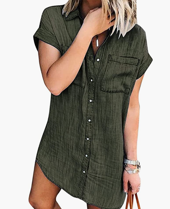 Women Summer Short Sleeve Denim Shirt Dress Jean Dresses