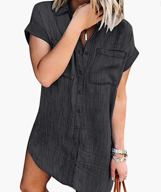 Women Summer Short Sleeve Denim Shirt Dress Jean Dresses