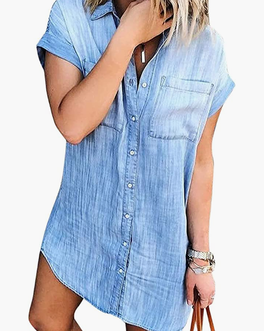 Women Summer Short Sleeve Denim Shirt Dress Jean Dresses